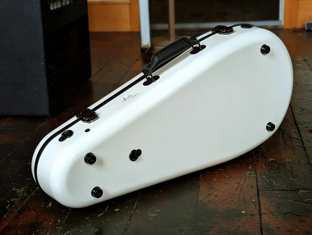 Underside of the gloss white Airloom Tura case, showing replaceable feet and backpack strap D-rings