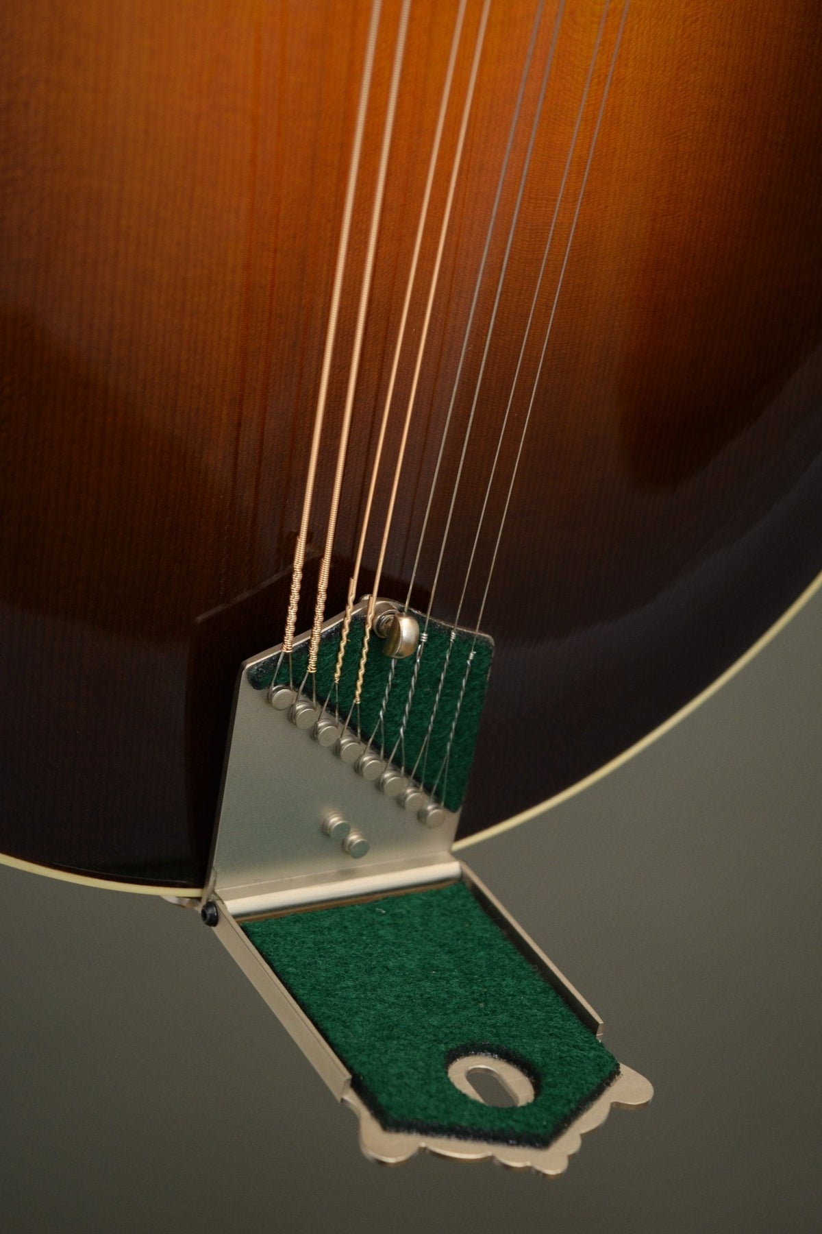 Big Mon tailpiece with the cover lifted, showing the string anchors and green felt