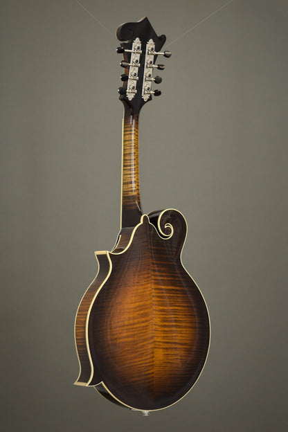Full back view of the Northfield Big Mon mandolin, flame maple back in sunburst gloss