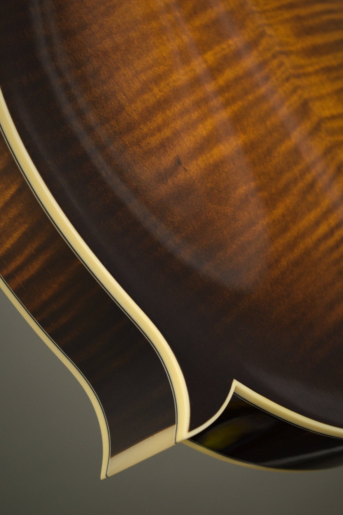 Body point and ivoroid binding on the back of the Big Mon mandolin