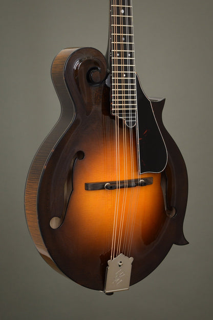Northfield Big Mon mandolin with Engelmann spruce top and tortoise binding in sunburst, angled front view