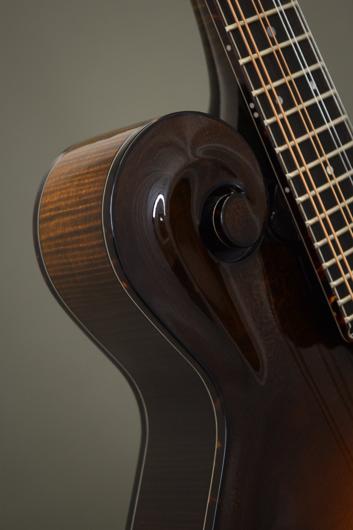 Carved scroll with tortoise binding on the Northfield Big Mon mandolin