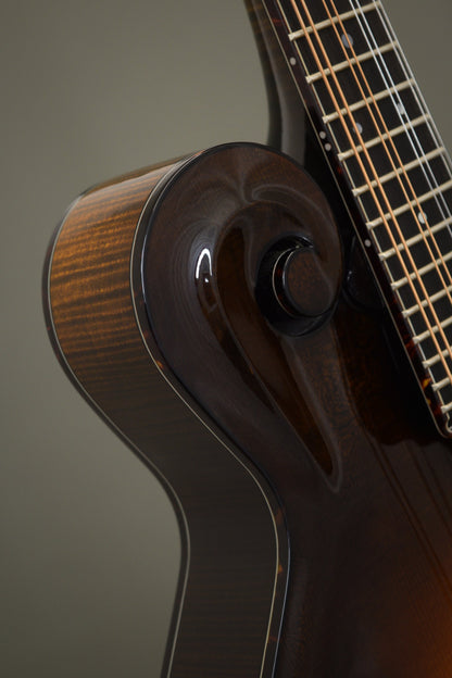 Carved scroll with tortoise binding on the Northfield Big Mon mandolin