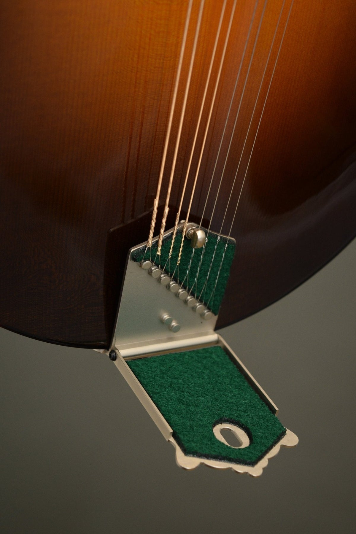 Big Mon tailpiece with the cover lifted, showing the string anchors and green felt