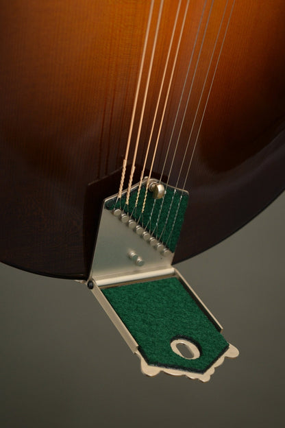 Big Mon tailpiece with the cover lifted, showing the string anchors and green felt