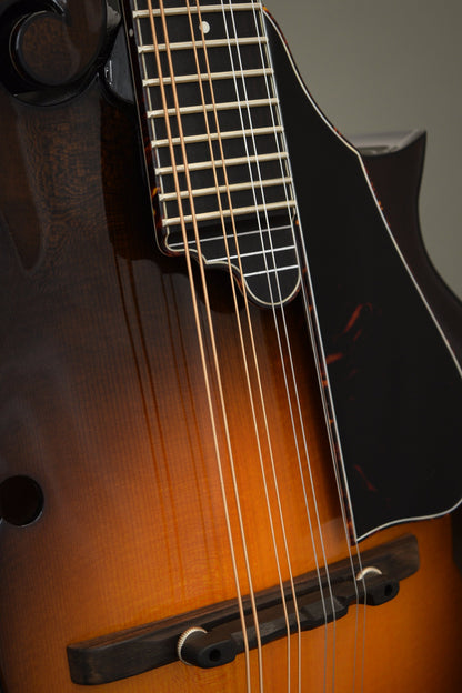 Tortoise pickguard, fingerboard extension, and ebony bridge on the Big Mon mandolin
