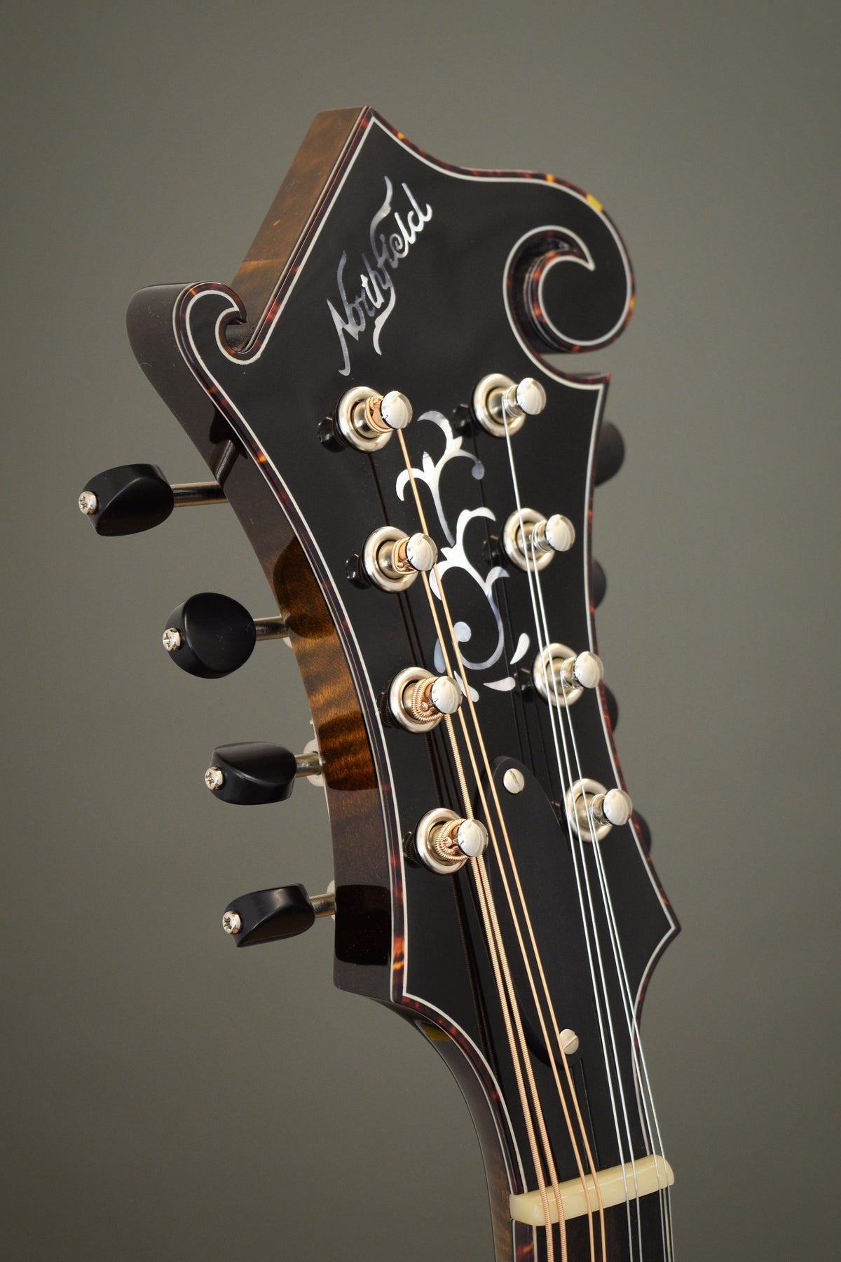 Headstock of the Northfield Big Mon mandolin with tortoise binding and the Northfield logo
