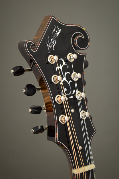 Headstock of the Northfield Big Mon mandolin with tortoise binding and the Northfield logo