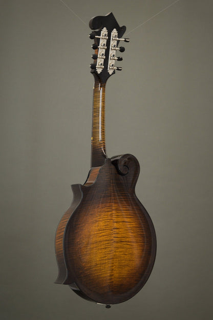 Full back view of the Northfield Big Mon mandolin, flame maple back in sunburst gloss