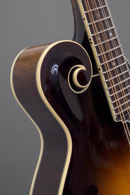 Carved scroll and ivoroid binding on the Northfield Big Mon mandolin