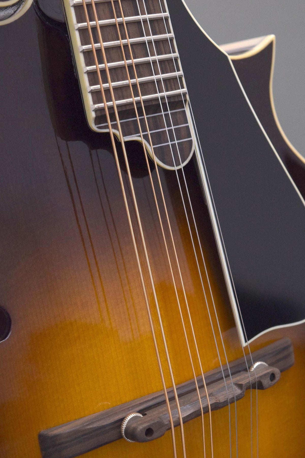 Ebony fingerboard extension, pickguard, and ebony bridge on the Big Mon mandolin