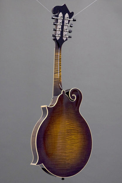 Full back view of the Northfield Big Mon mandolin, flame maple back in sunburst