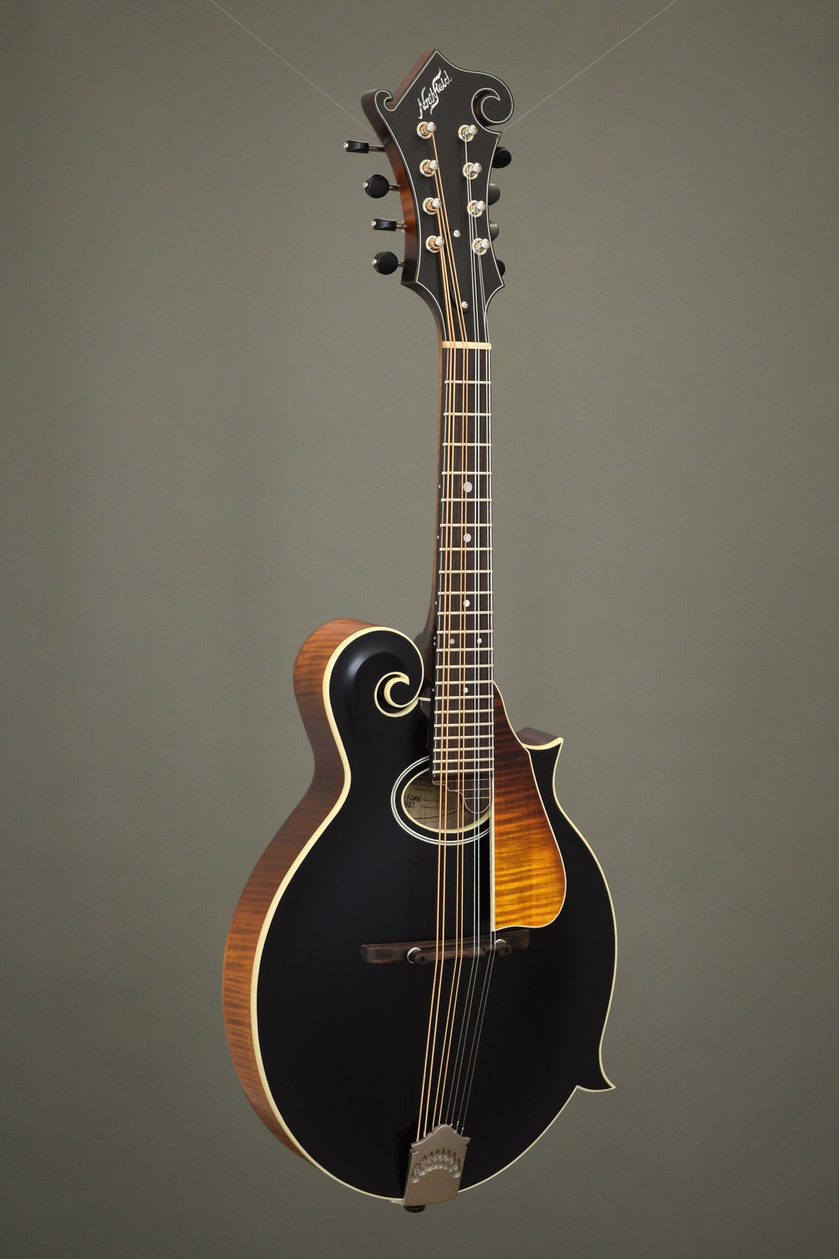 Full front view of the Northfield F2S oval hole mandolin with black top