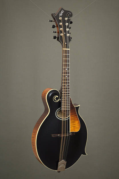 Full front view of the Northfield F2S oval hole mandolin with black top