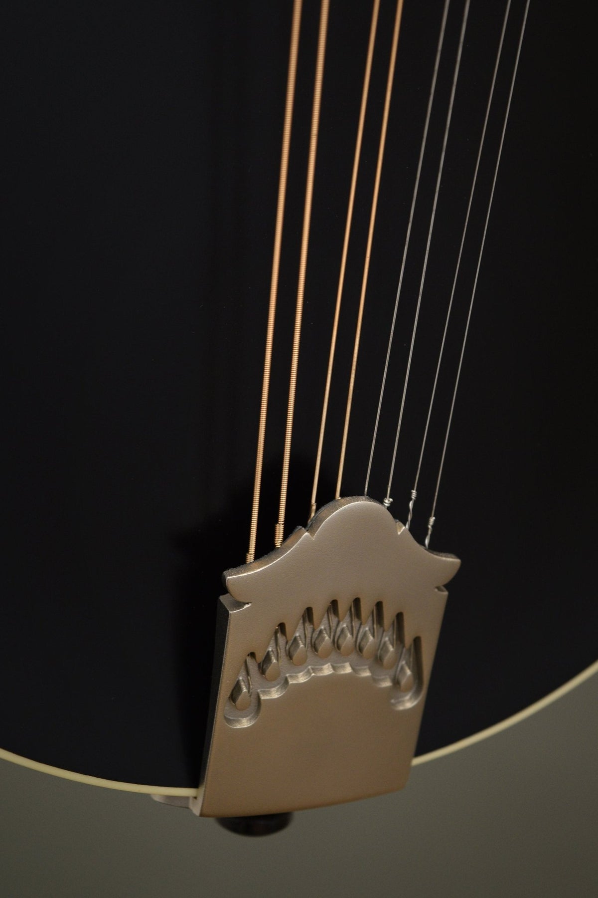 Northfield tailpiece on the F2S mandolin's black top