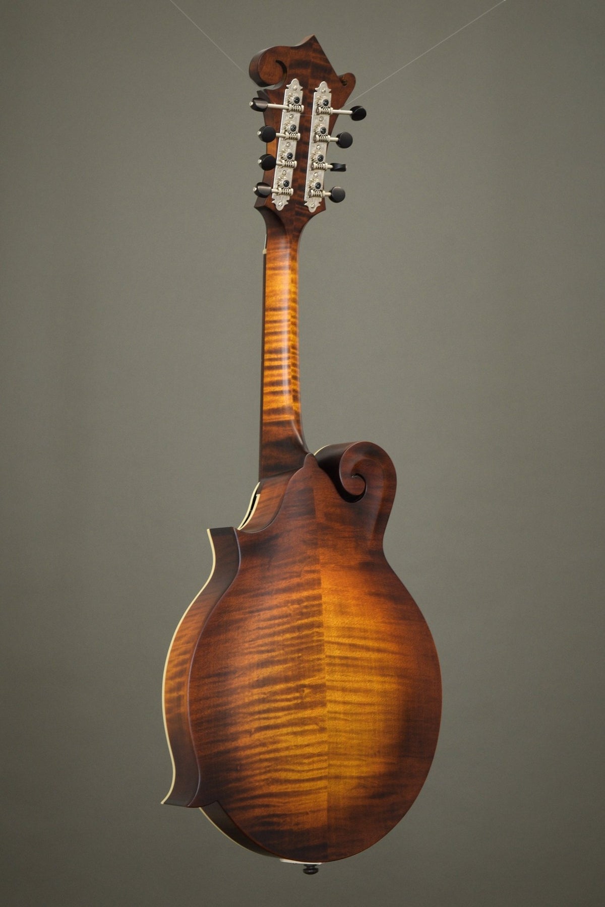Full back view of the Northfield F2S mandolin, flame maple back in sunburst