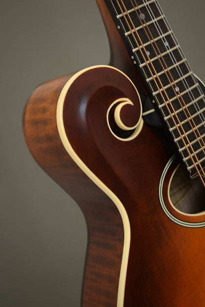 Carved scroll and ivoroid binding on the Northfield F2S mandolin