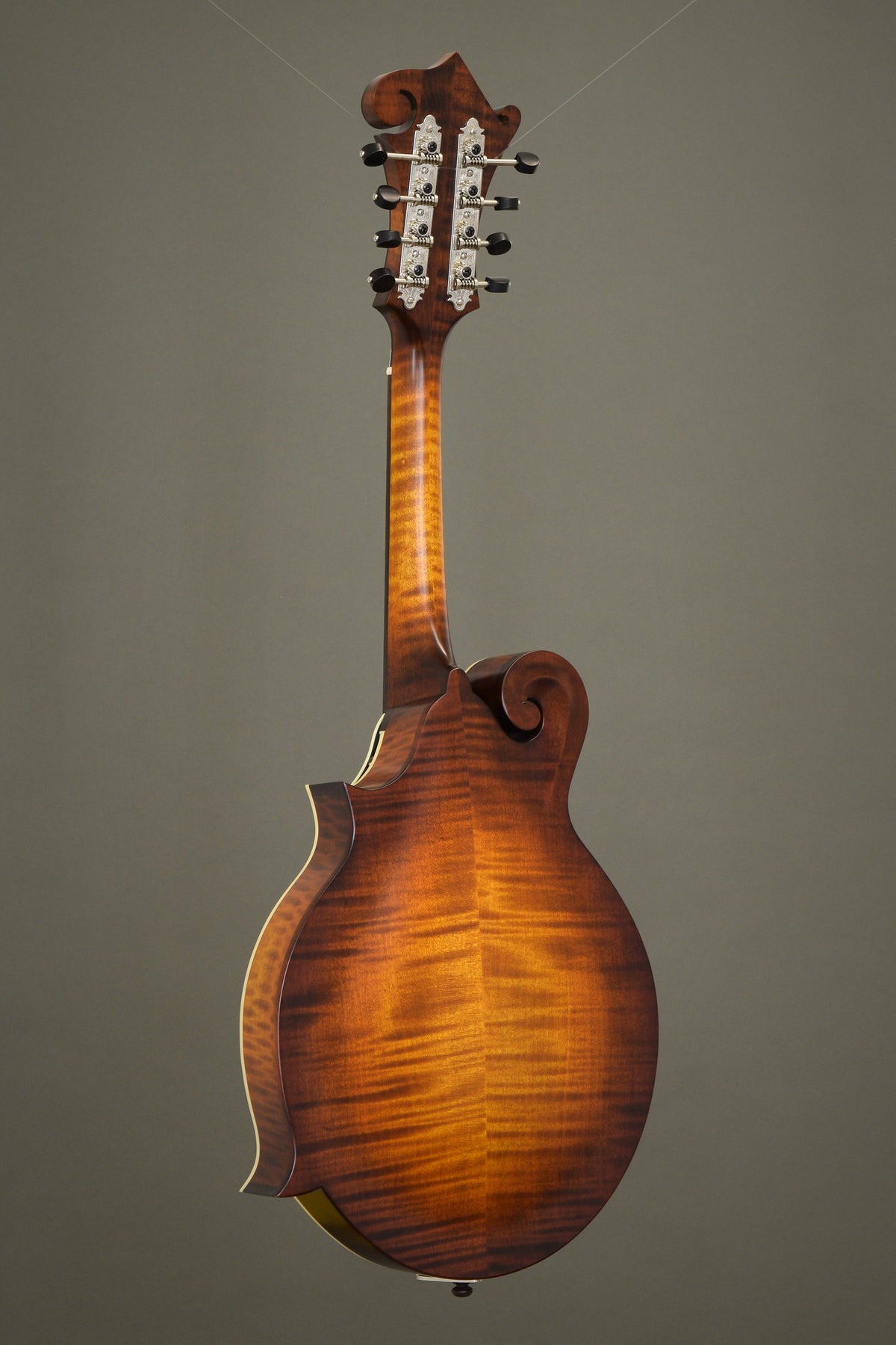 Full back view of the Northfield F2S mandolin, flame maple back in Cherryburst