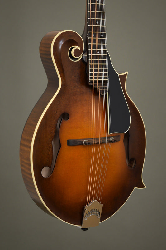 Northfield F5S mandolin with red spruce top in Light Leatherburst, angled front view