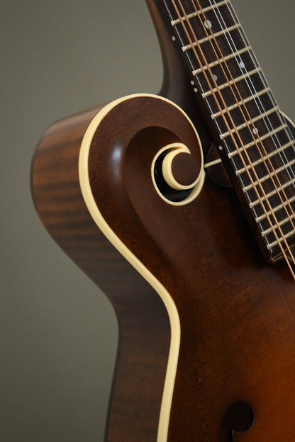 Carved scroll and ivoroid binding on the Northfield F5S mandolin