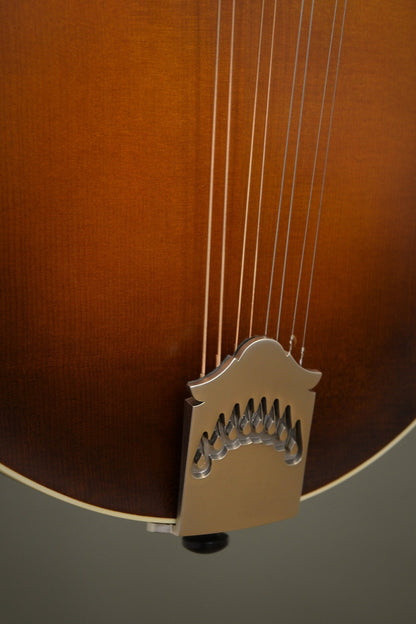 Northfield tailpiece and lower top of the F5S mandolin in Light Leatherburst