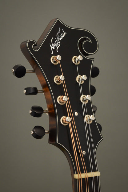 Headstock of the Northfield F5S mandolin with the Northfield logo