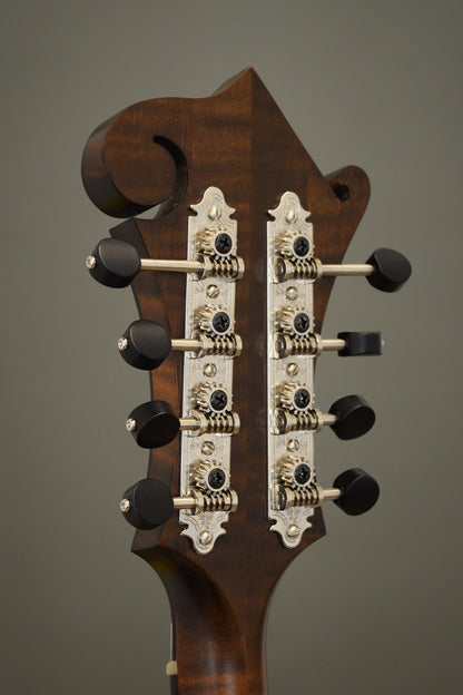 Back of the F5S headstock with engraved Gotoh tuners