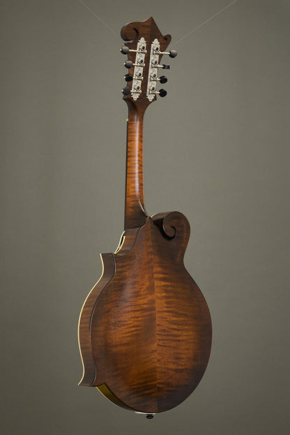 Full back view of the Northfield F5S mandolin, flame maple back in Light Leatherburst