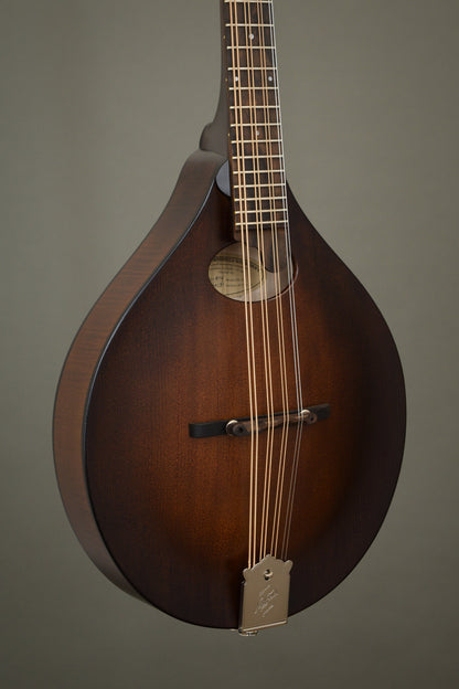 Northfield Wavelength oval hole octave mandolin in Dark Leatherburst, angled front view