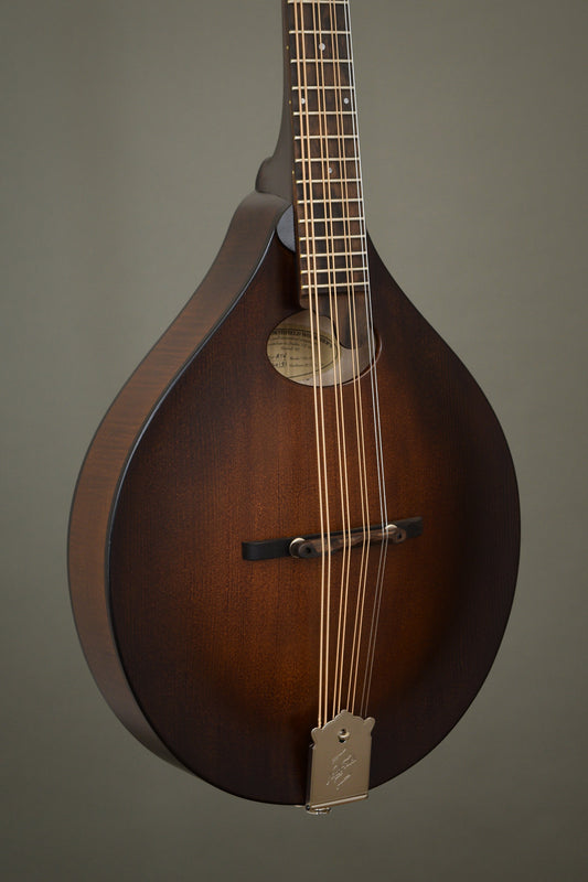 Northfield Wavelength oval hole octave mandolin in Dark Leatherburst, angled front view