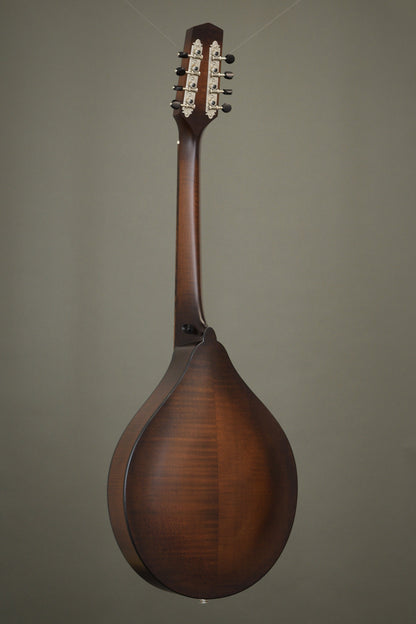 Full back view of the Northfield Wavelength octave mandolin in figured maple